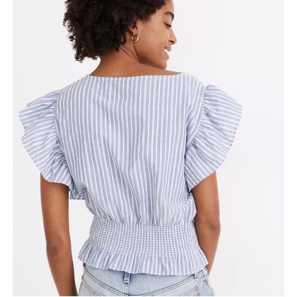 Madewell Smocked Ruffle-Sleeve Top Blue Striped Blouse Women's M Coastal Chic - Picture 3 of 15